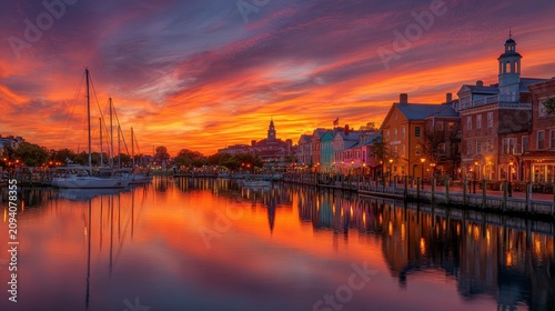 A vibrant sunset over a harbor with reflections on the water. Perfect for travel tourism and peaceful.