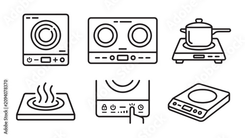 Electric induction cooktop and stove icon set with induction electric appliance temperature prepared culinary restaurant domestic illustration technology equipment interface minimalist
