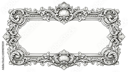 Classic vector illustration of a vintage baroque rectangular frame with intricate floral and shell ornaments for invitations and premium labels.
