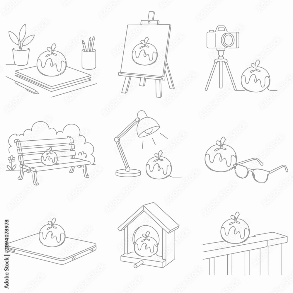 Fototapeta premium Line art collection of nine icons featuring a round pastry character in various lifestyle scenarios including an art easel, camera, park bench, desk lamp, and birdhouse.