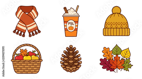 Autumn leaves and warm clothing with a basket of fruit and a drink