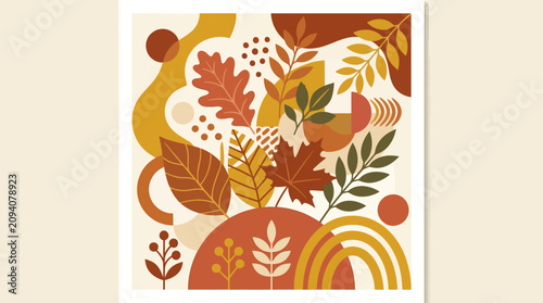Vibrant autumn leaves and abstract shapes create a stunning illustration of nature's beauty with foliage, plants, trees, flowers, and abstract designs.
