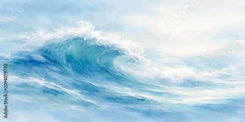 Fotografie Beautiful watercolor painting of a crashing ocean wave with deep blue water, soft white sea foam, flowing surf, abstract coastal seascape and light marine background