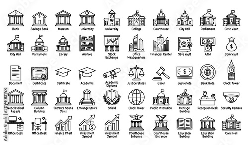 Quadro su tela Financial Institution Line Icon Collection Featuring Bank Museum University Gove