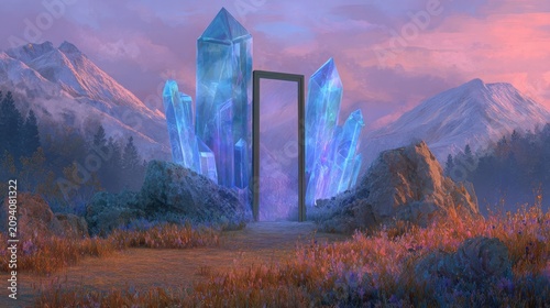 Enchanted Crystal Gateway Surrounded by Majestic Mountains