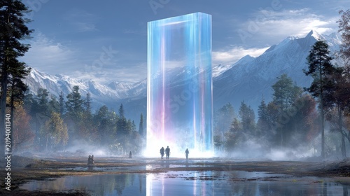 Ethereal Portal in Serene Mountain Landscape with Misty Reflection