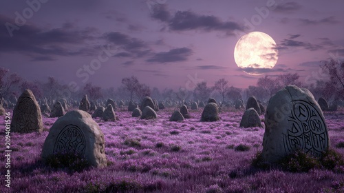 Enchanted Moonlit Landscape with Ancient Stones and Purple Flowers