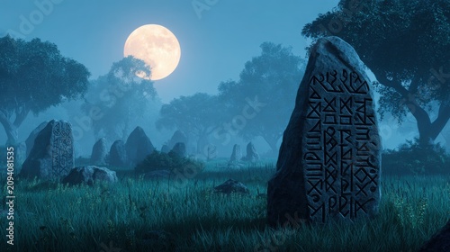 Enigmatic Stone Monoliths Under Full Moon in Misty Forest Landscape