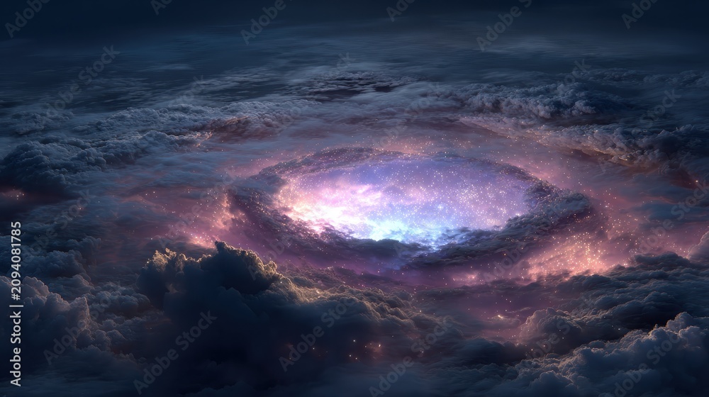 Fototapeta premium Cosmic Portal Surrounded by Ethereal Clouds and Starry Skies