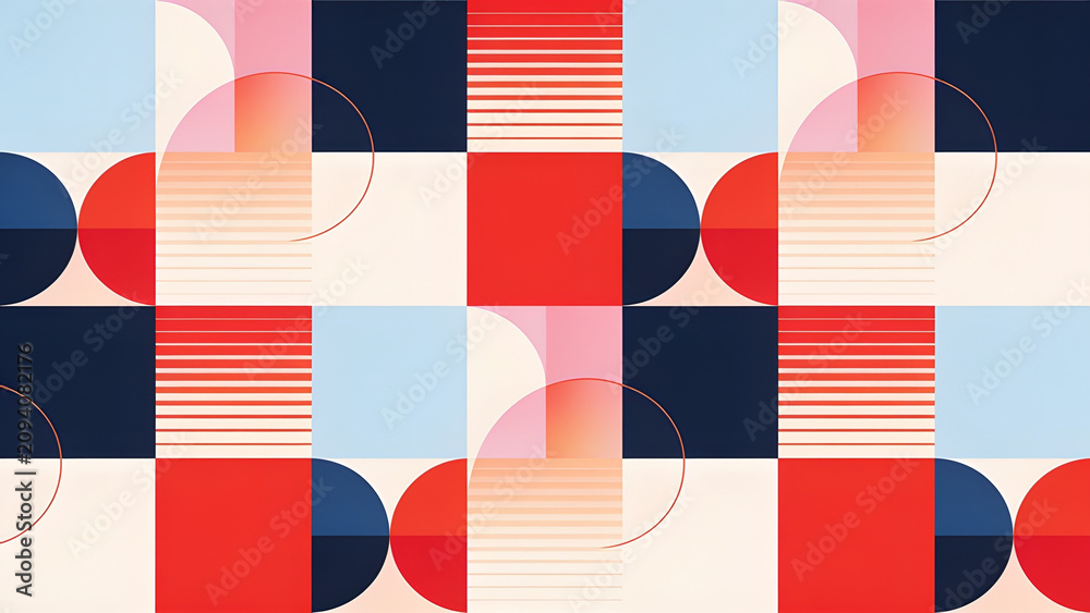 Modern geometric seamless pattern with colorful squares and circles in a minimalist flat style
