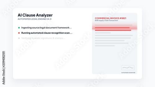 AI Clause Analyzer Automated Legal Engine Scanner with Signature Match Failed Error Notification Screen UI Animation for Corporate Invoice Verification Graphic Design