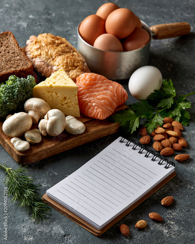Measuring cup with protein foods and meal notes highlighting sarcopenia prevention nutrition planning and clean kitchen wellness