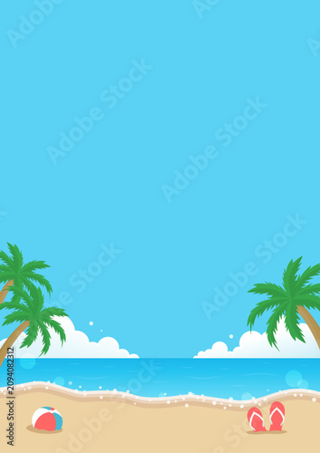 夏の海と空と砂浜の背景イラスト
