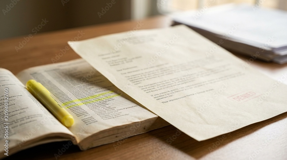 Fototapeta premium Claim rejection letter resting beside a highlighted procedure code booklet macro close up – Medical Records Compliance & Healthcare Documentation Stock Photo
