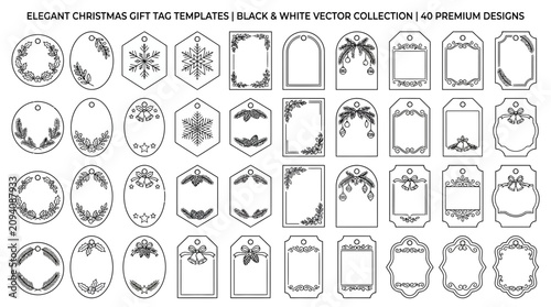 Elegant Christmas Gift Tag Templates Featuring Black and White Vector Line Art Collection Designs