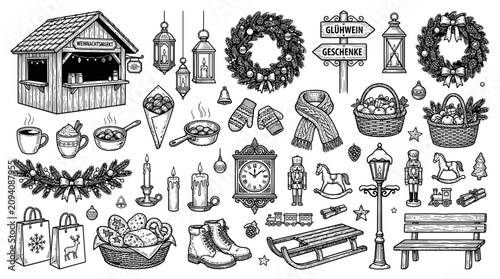 Hand Drawn Christmas Market Elements Set Featuring Festive Decorations and Winter Holiday Objects