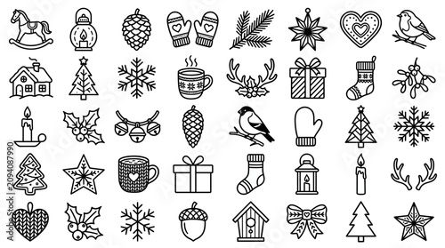 Set of Premium Black and White Christmas Icons Featuring Festive Holiday Symbols in Minimalist Style