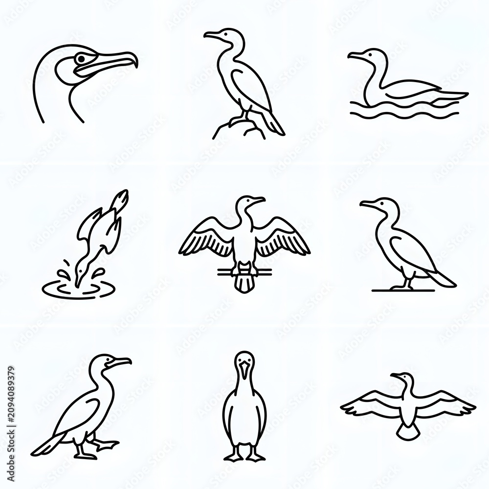 Obraz premium Set of cormorant bird line icons in different poses