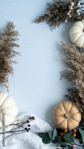 Organic Halloween Flat Lay Background with Natural Autumn Harvest Elements