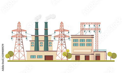 Flat power plant illustration for energy, electricity and industrial infrastructure projects.