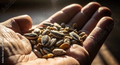 Hand holding a variety of healthy organic seeds.