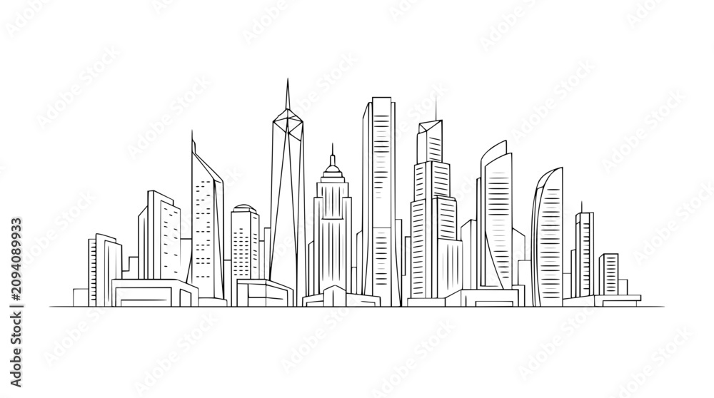 Fototapeta premium Minimalist City Skyline Line Art Vector Illustration of Modern Skyscrapers on White Background