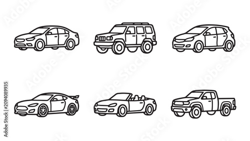 Collection of various car vehicle type outline icons with automobile transport transportation hatchback sportscar convertible automotive collection illustration monochrome traveling