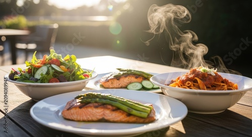 Grilled salmon fillet with salad and pasta served outdoors