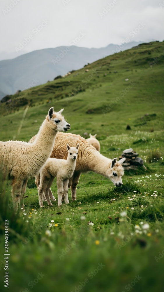 Obraz premium Peaceful Scene of Alpaca Family Grazing on Mountain Slope with Green Vegetation