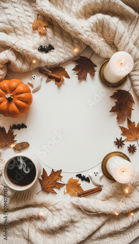 Organic Halloween Flat Lay Background with Natural Autumn Harvest Elements