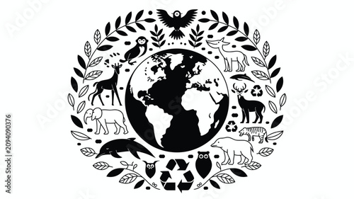 Canvas Print Vector illustration of planet earth globe surrounded by wild animals and botanical leaves wreath concept for earth day projects