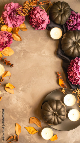 Organic Halloween Flat Lay Background with Natural Autumn Harvest Elements