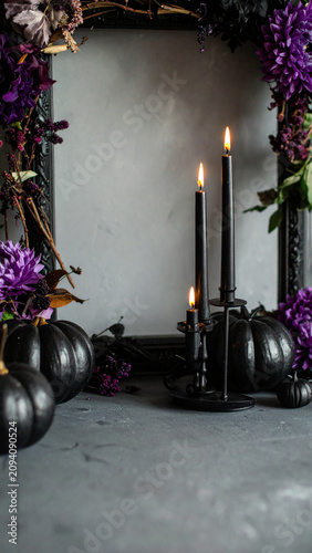 Organic Halloween Flat Lay Background with Natural Autumn Harvest Elements