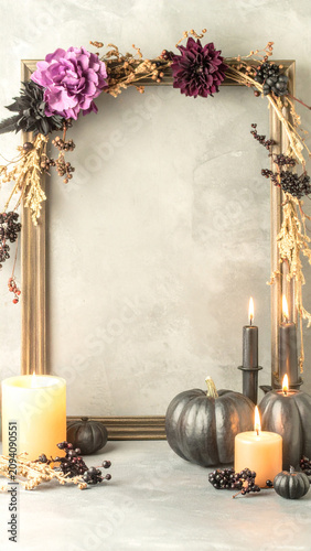 Organic Halloween Flat Lay Background with Natural Autumn Harvest Elements