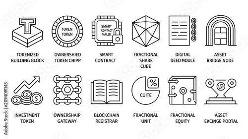 Foto Vector set of asset tokenization and blockchain technology line icons with labels isolated on a pure white background design