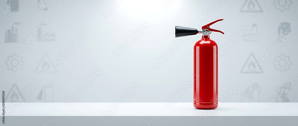 Obraz premium Shiny red fire extinguisher with black nozzle standing on white table with abstract safety icons in background, professional studio shot.