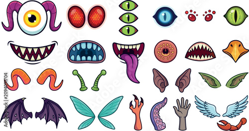 Obraz na plátně Cartoon monster facial features and body parts vector set with creepy eyes scary