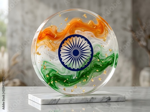Indian flag colors in a circular glass stand with blue chakra wheel in the middle