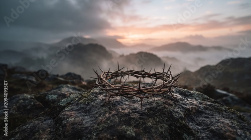 A crown of thorns rests on a rocky outcrop against a dramatic, misty mountain landscape at sunrise. The scene evokes a sense of somber reflection and spiritual significance