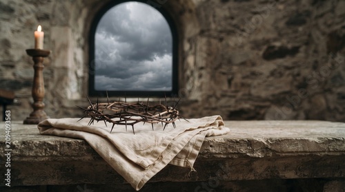A crown of thorns sits on a cloth next to a lit candle on a stone table, with a cloudy sky visible through a window