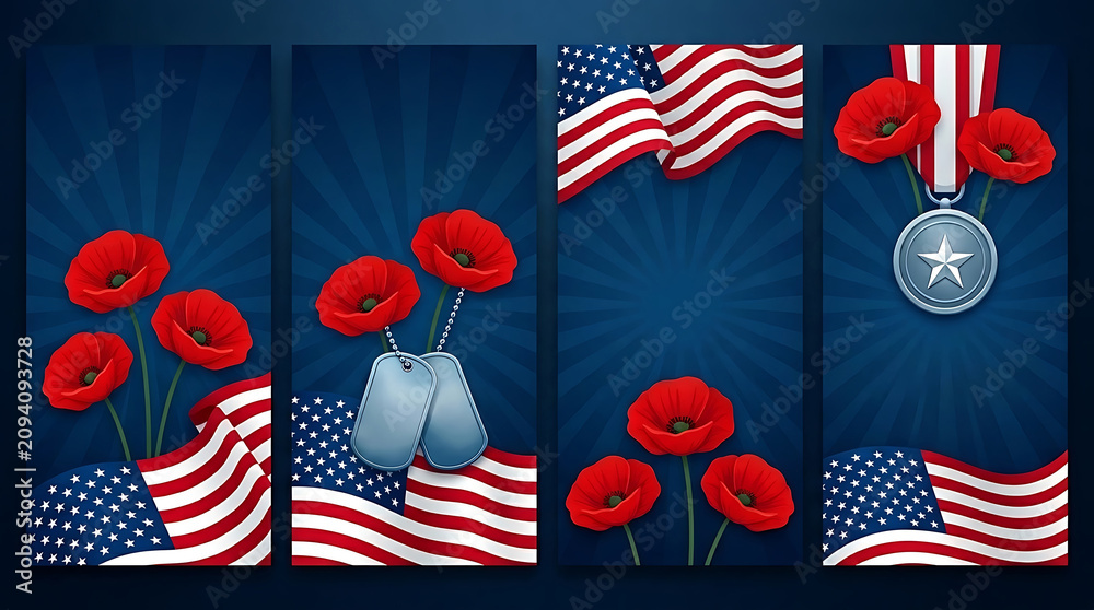 Fototapeta premium Memorial day background set with american flags and red poppy flowers