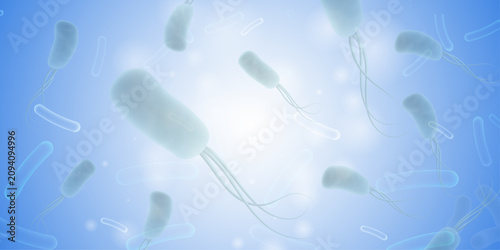 Foto Microbiology background with flagellated bacteria cells in blue light