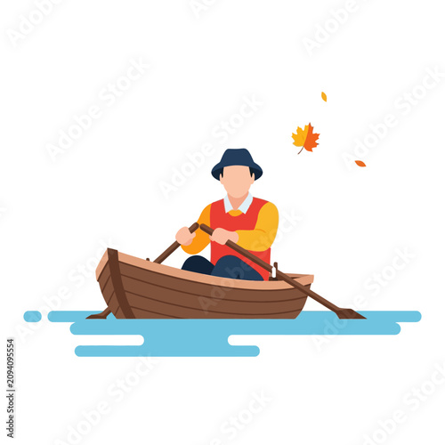 Minimalist vector illustration of a traditional wooden rowing boat with oars, isolated on white background. Clean line art style suitable for logo design or nautical themes.