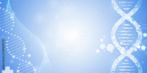 Bild auf Leinwand Medical background with dna strands and glowing particle lines, abstract scientific concept for healthcare and research