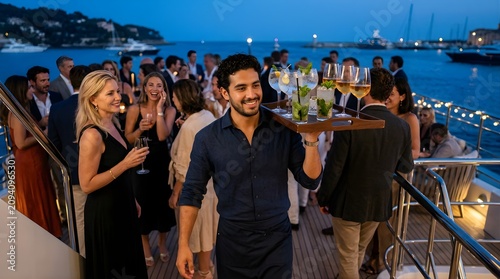Smiling waiter serving cocktails to guests on a yacht deck at sunset