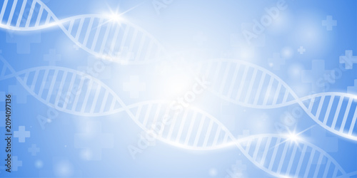 Bild auf Leinwand Medical background with multiple dna helix structures and blur cross symbols, global healthcare and science concept