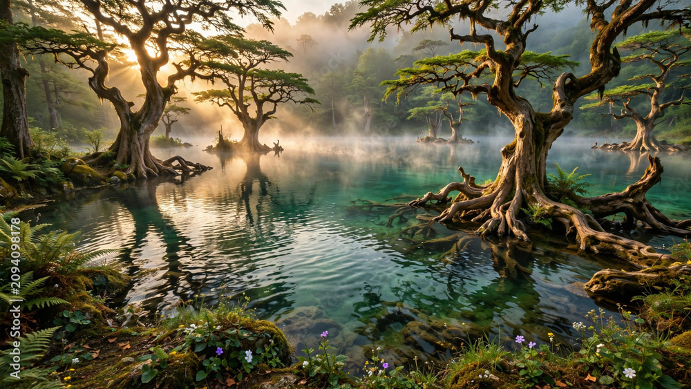 Obraz premium Mystical Forest Lake: Ancient cypress trees with gnarled roots rise from a serene, misty lake, their reflections shimmering in the turquoise water under the ethereal morning light.