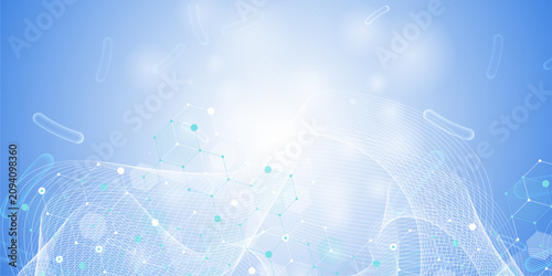 Foto Blue biotechnology background with flowing mesh lines and hexagonal molecules