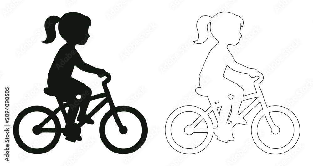 Fototapeta premium Little Girl Riding Bicycle Silhouette and Outline Vector Graphic, Happy Child Cycling Outdoor Illustration, Active Female Kid Bike Artwork