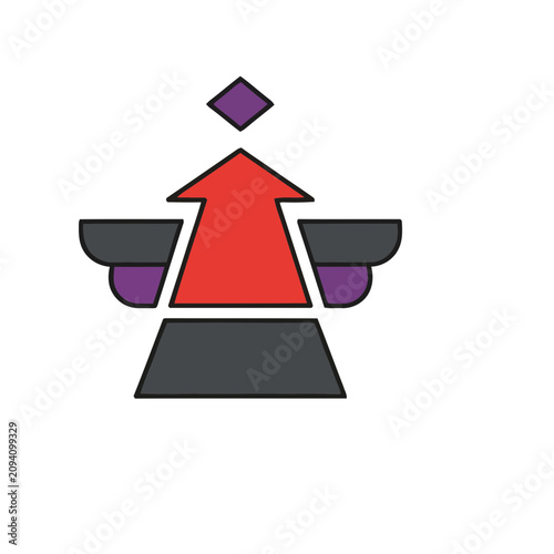 Abstract geometric figure with red arrow and wings